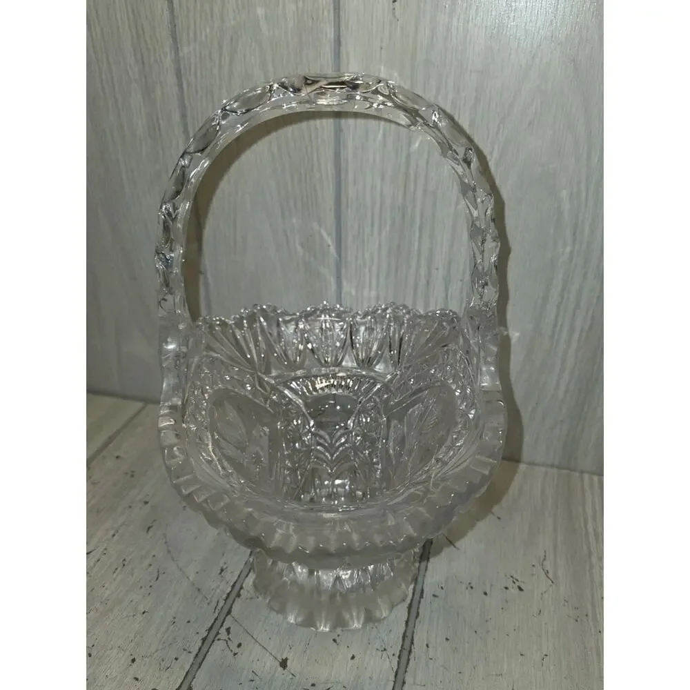 Vtg Hofbauer Byrdes Crystal Basket Etched Birds Large Handled Sawtooth Edge